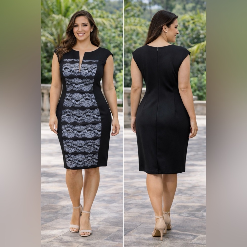 Connected Dress Black Gray 14 Lace Panel Stretch Sheath Washable